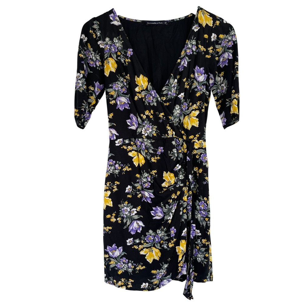 Abercrombie & Fitch Black Floral Wrap Mini Dress Purple Yellow Flowers XS - Picture 2 of 6